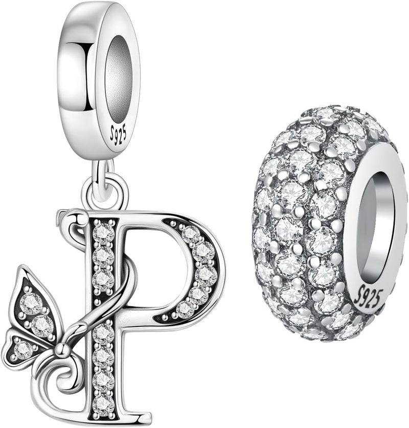PANPOKI Store 2 Pack 925 Sterling Silver Butterfly Letter Charms for Bracelets and Necklace Alphabet Initial Dangle Pendants Round Spacer Beads Pave Cubic Zirconia Jewelry Gift for Women - Image 1